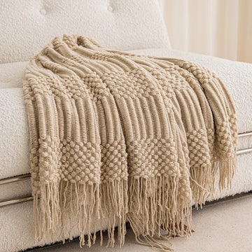 Khaki Gift Knitted Blanket with Tassels Chunky Vintage Luxury
