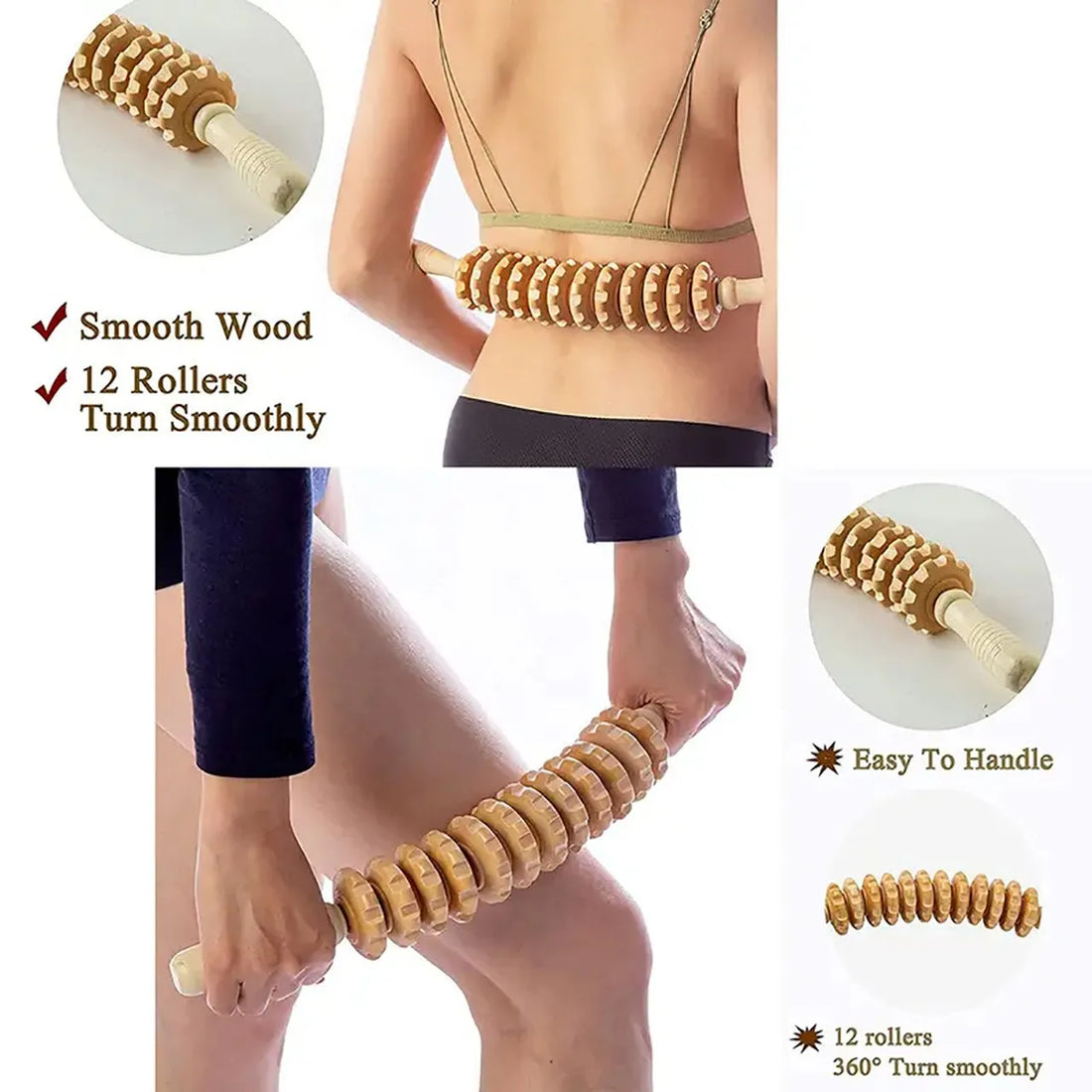 Body Fascia Massager Anti-slip Handle Wood Grooved Gear Arms Legs